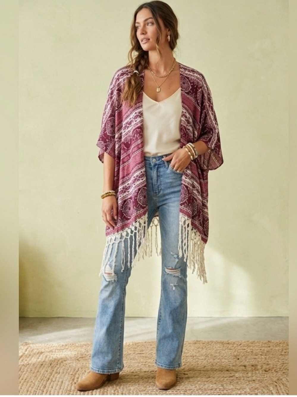Forever 21 Boho Kimono Cardigan Open Front Fringed Hem Floral Geometric S/M